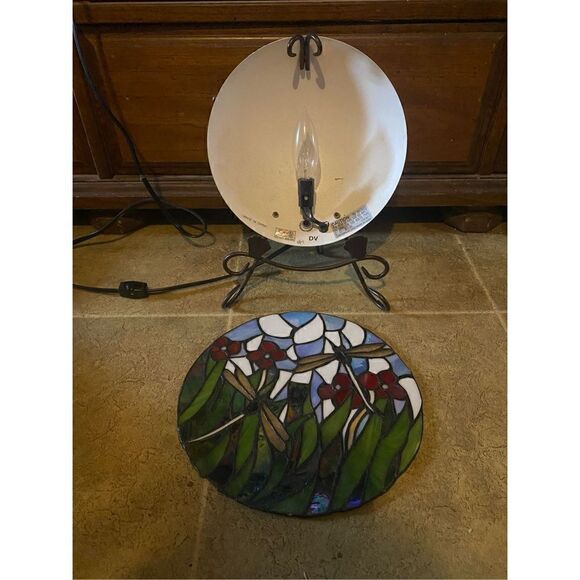 Dragonfly Floral Round Stain Leaded Glass Plate Lamp - Picture 6 of 16